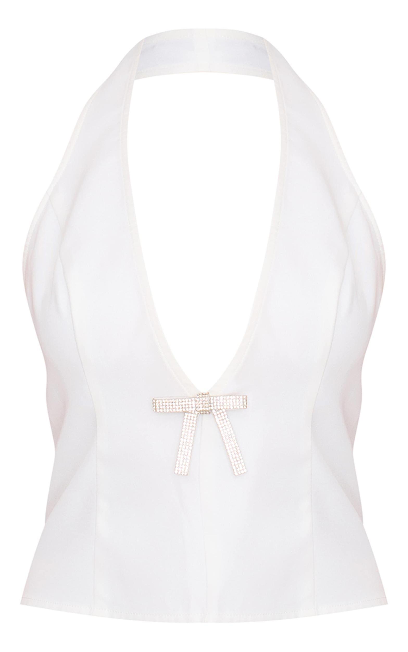 White Diamante Bow Plunge Halterneck Long Top Product Image