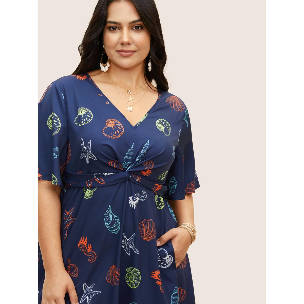 Plus Size Marine Elements Twist Front Elastic Waist Dress Navy Women Resort Twist V-neck Short sleeve Curvy BloomChic 18-20/2X Product Image