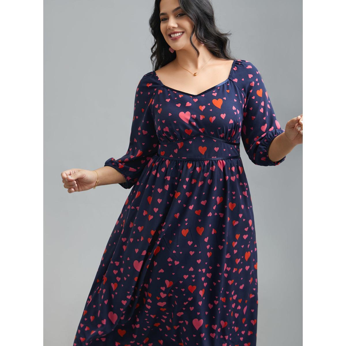 Plus Size Hearts Print Contrast Webbing Pocket Dress Navy Women Elegant Woven ribbon&lace trim Heart neckline Elbow-length sleeve Curvy BloomChic 30/6X Product Image