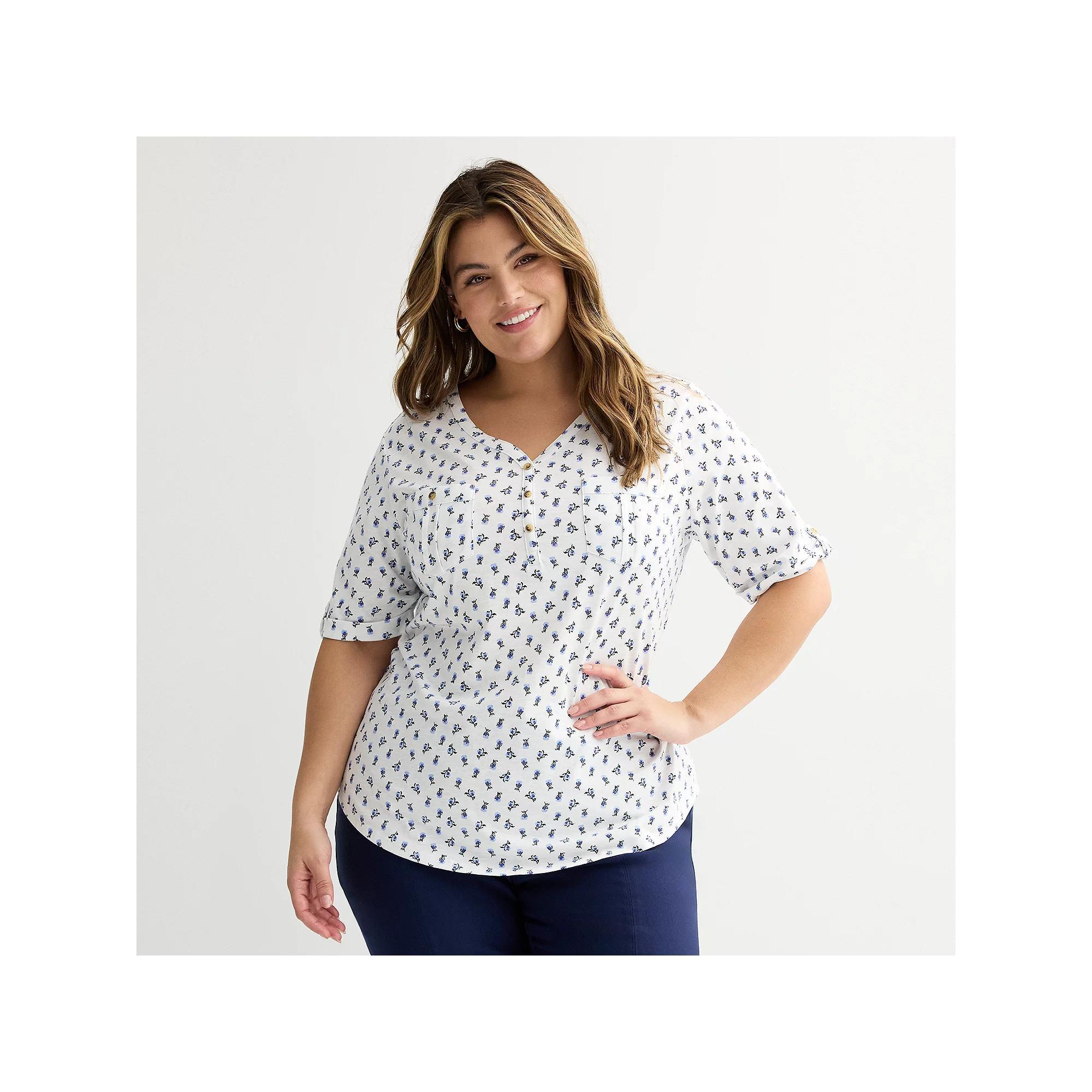 Plus Croft & Barrow Elbow Sleeve Utility Henley Top, Womens Product Image