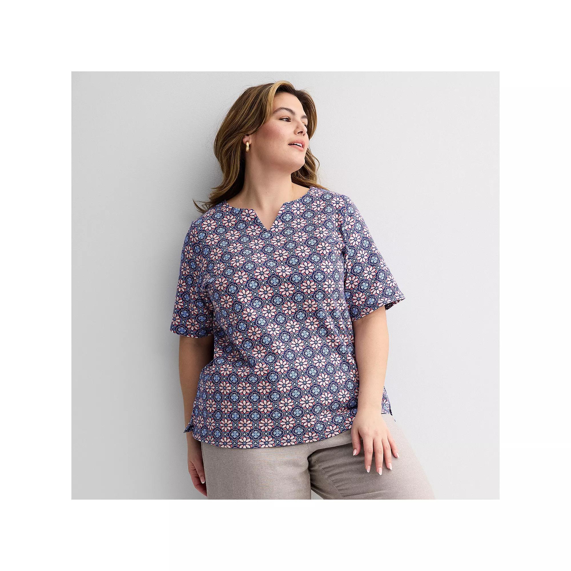 Plus Size Croft & Barrow® Elbow Sleeve Split Neck Top, Women's, Size: 1XL, Blue  Pink Product Image