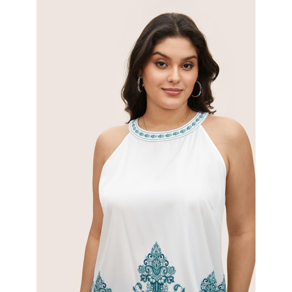 Plus Size Boho Print Round Neck Cut Out Tank Top Women White Resort Button Round Neck Vacation Tank Tops Camis BloomChic 18-20/2X Product Image