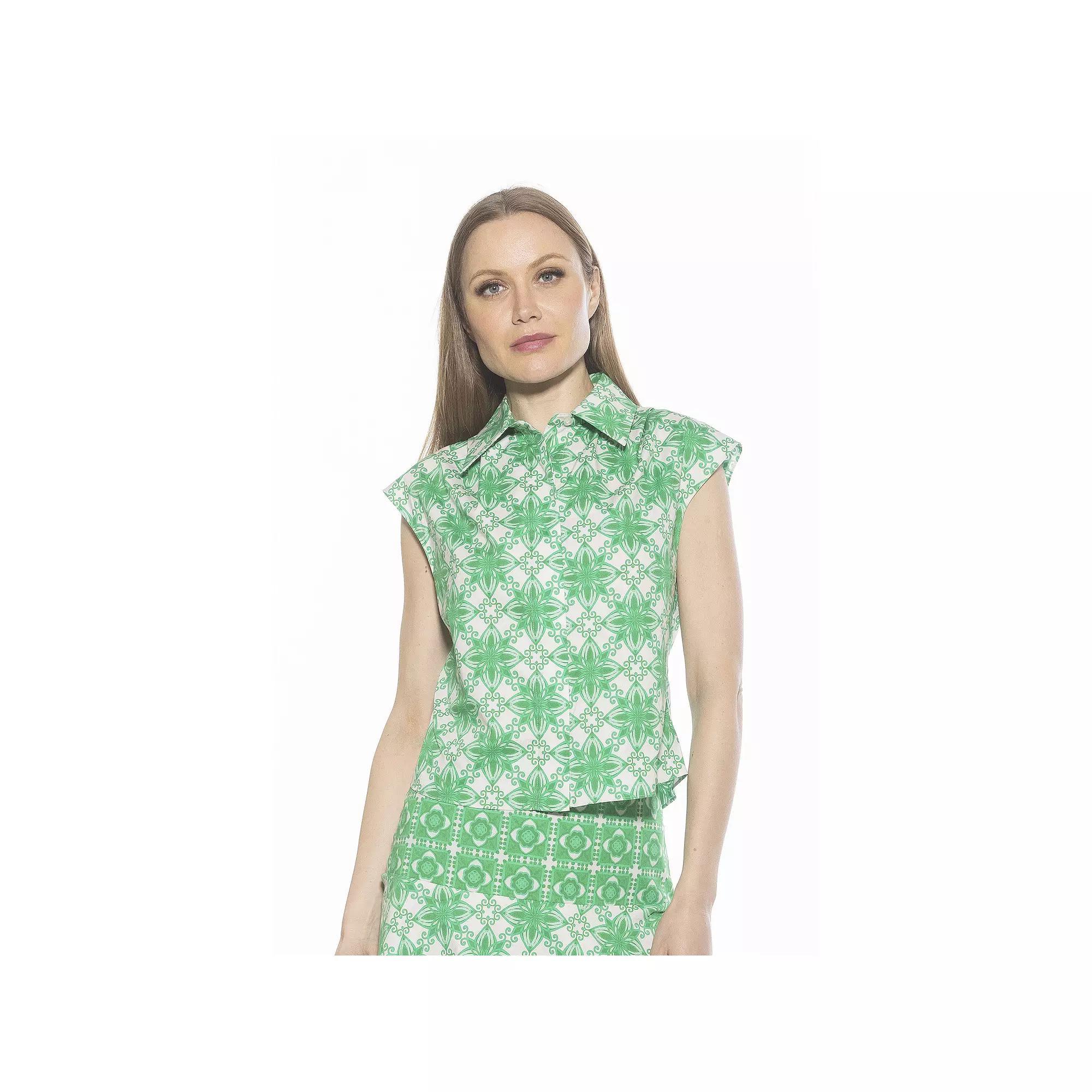 Women's ALEXIA ADMOR Juniper Sleeveless Button Down Cotton Shirt, Size: 2, Green Geo Product Image