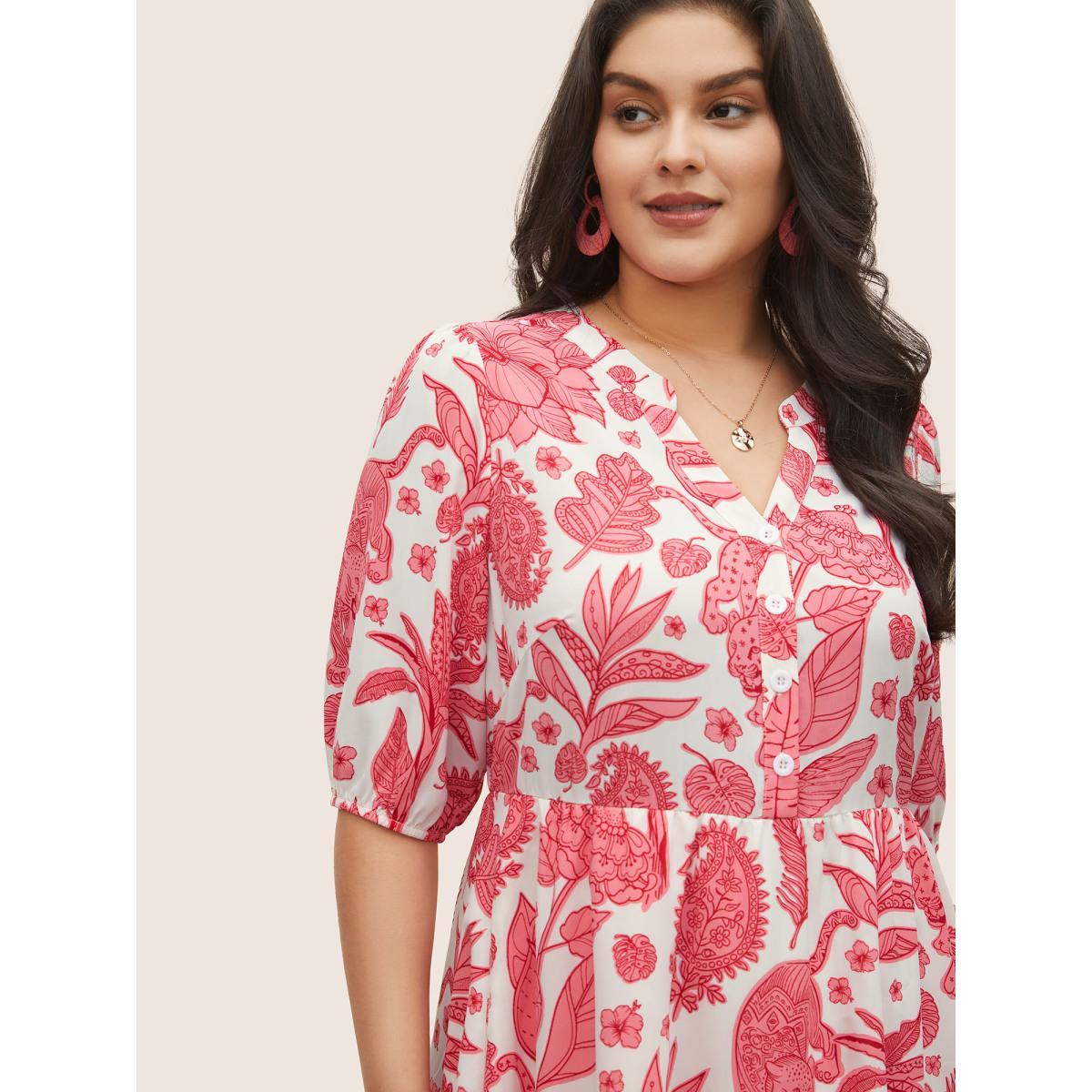 Plus Size Plants & Animal Print Notched Lantern Sleeve Dress Yellow Women Resort Non Notched collar Short sleeve Curvy Midi Dress BloomChic 18-20/2X Product Image