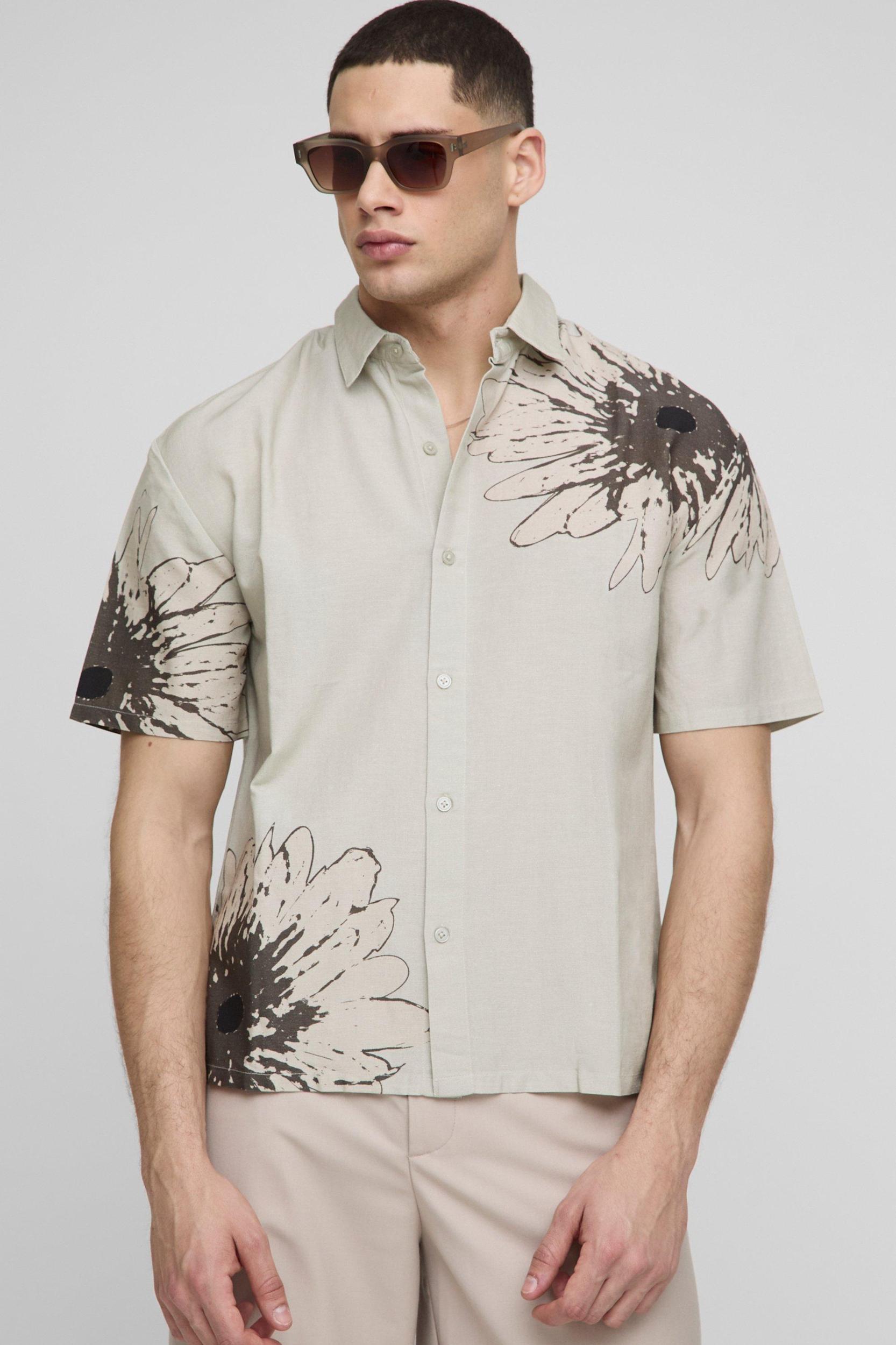 Oversized Floral Print Linen Look Shirt | boohooMAN USA Product Image