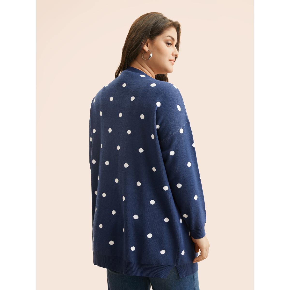 Plus Size Polka Dot Kimono Collar Patch Pocket Cardigan Indigo Women Casual Loose Long Sleeve Everyday Cardigans BloomChic 28/5X Product Image