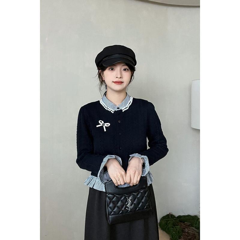 Stand Collar Mock Two-Piece Gingham Panel Bow Accent Button-Up Crop Cardigan Product Image