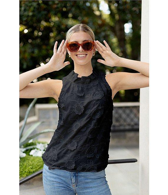 Abbey Glass Barbara Ruffle Mock Neck 3D Floral Detail Sleeveless Top Product Image