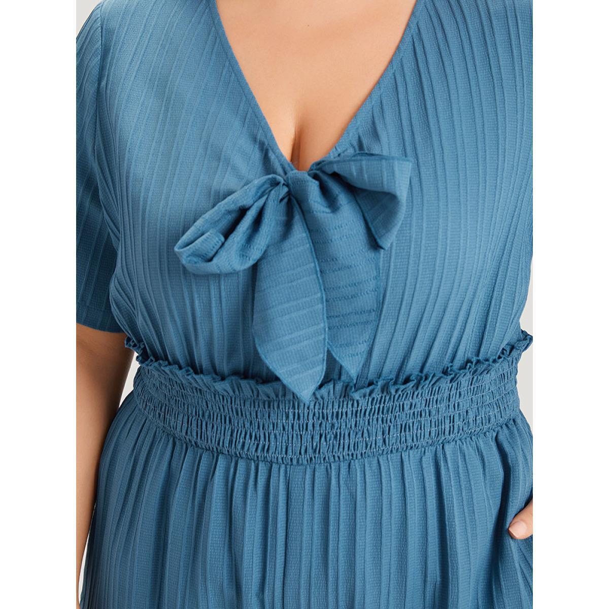 Plus Size Cerulean Textured Bowknot V Neck Shirred Pocket Jumpsuit Women Elegant Half Sleeve V-neck Dailywear Loose Jumpsuits BloomChic 12/L Product Image
