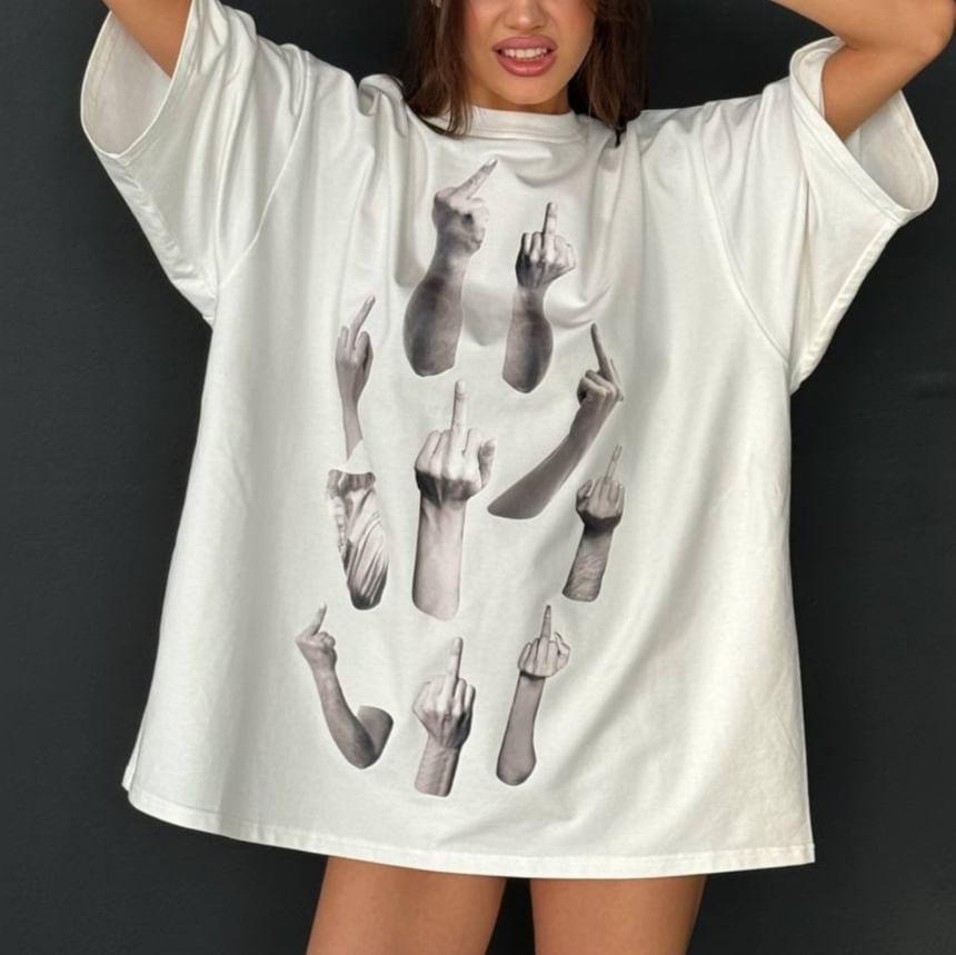 3/4-Sleeve Crew Neck Hand Print Oversized T-Shirt Product Image