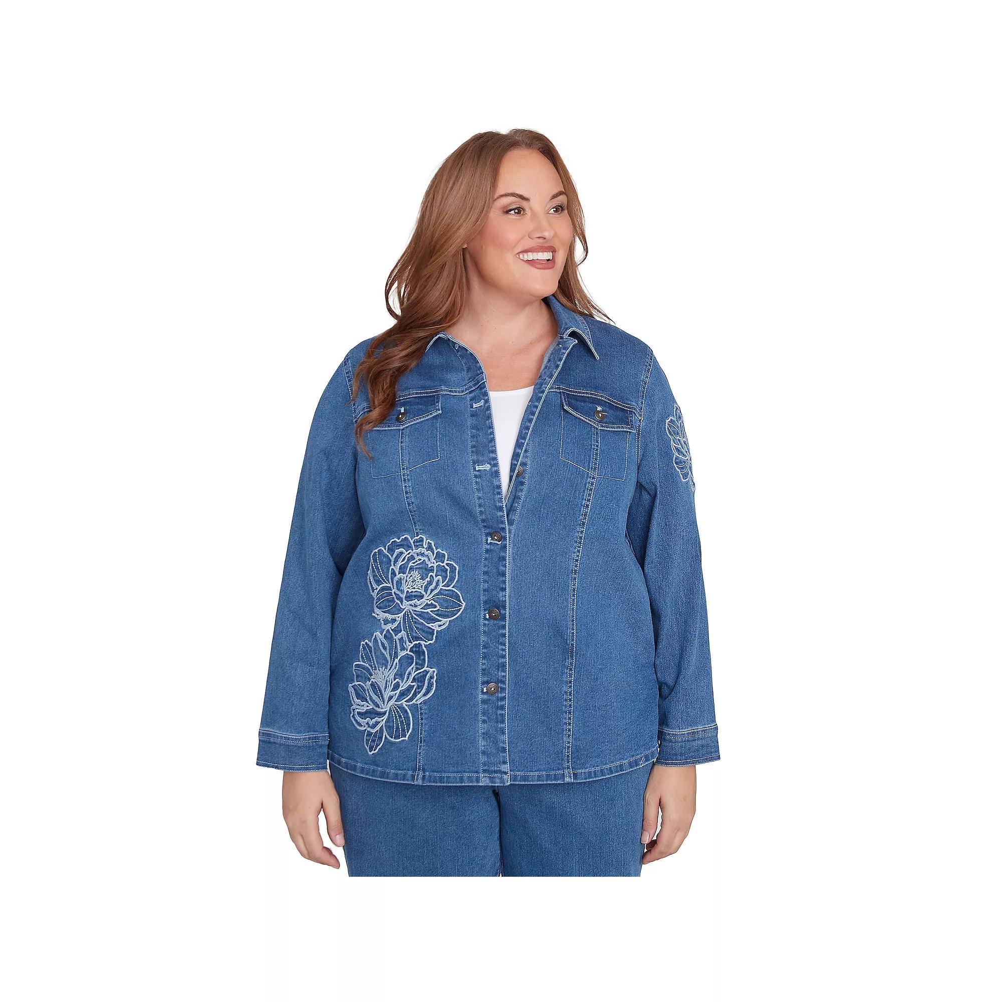 Plus Size Alfred Dunner Super Stretch Floral Denim Jacket, Women's, Size: 1XL, Medium Blue Product Image