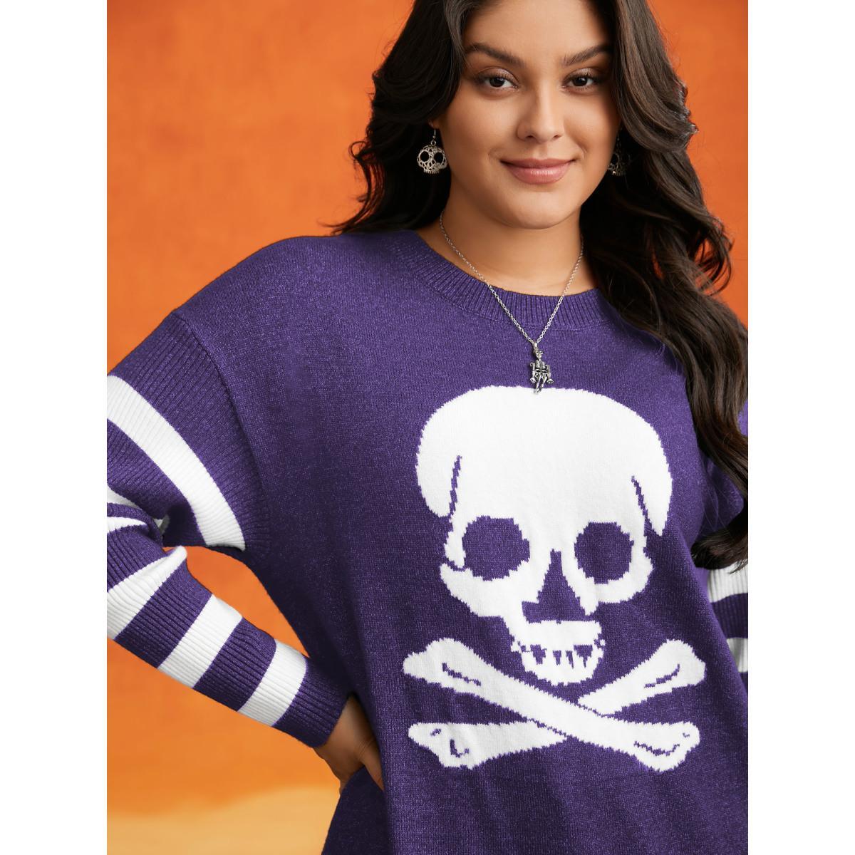Plus Size Supersoft Essentials Gothic Skull Striped Sleeves Pullover Deeppurple Women Casual Loose Long Sleeve Round Neck Everyday Pullovers BloomChic 12/L Product Image