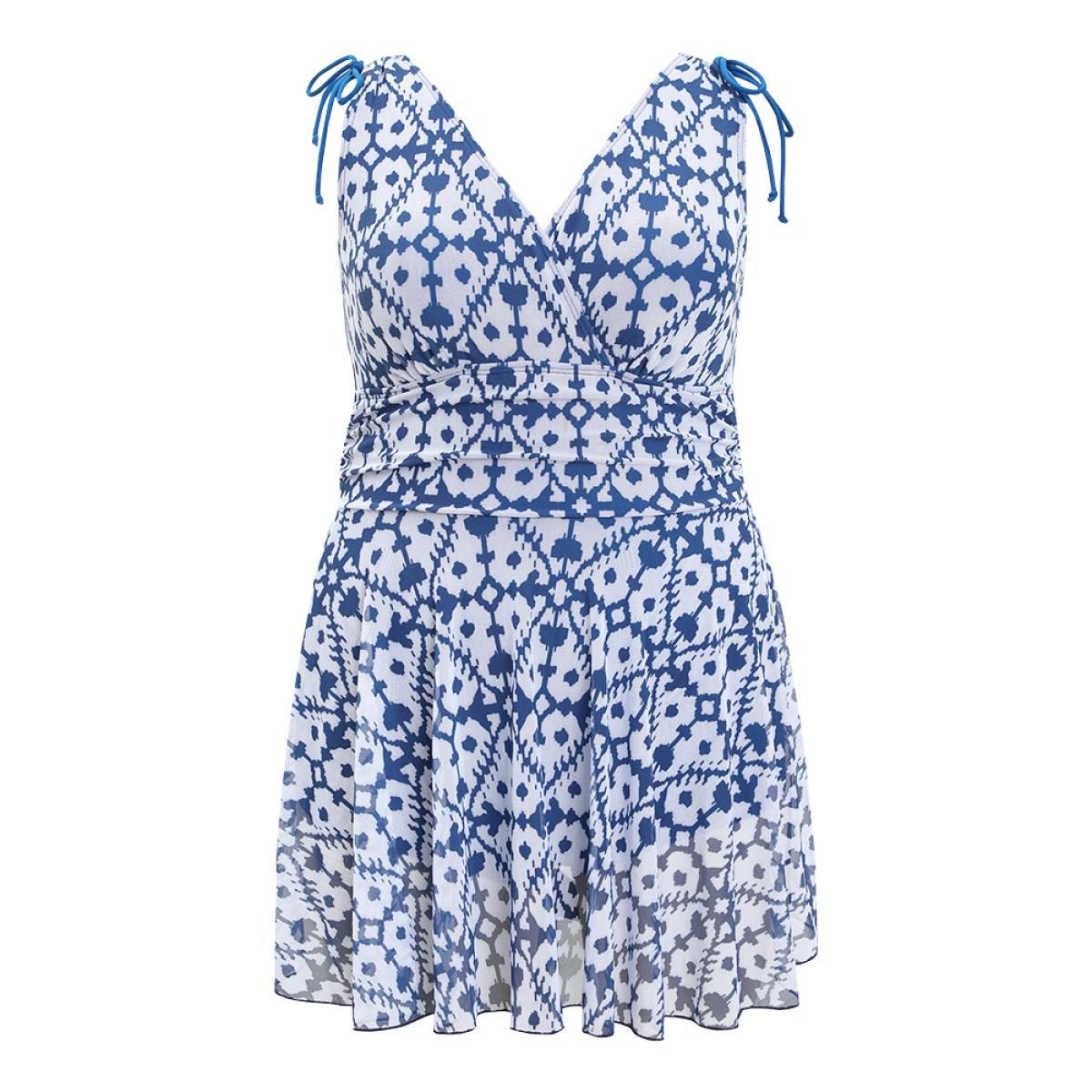 Plus Size Moroccan Print Knot Detail Ruffle Hem Wrap Swim Dress Women's Swimwear Cerulean Vacation Bodycon V-neck High stretch Curve Swim Dresses BloomChic 14-16/1X Product Image