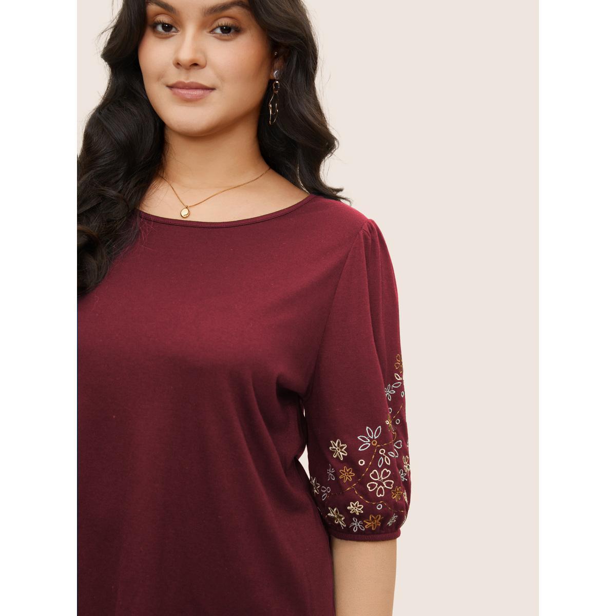Plus Size Floral Embroidered Crew Neck Puff Sleeve T-shirt Burgundy Women Elegant Embroidered Round Neck Everyday T-shirts BloomChic 22-24/3X Product Image