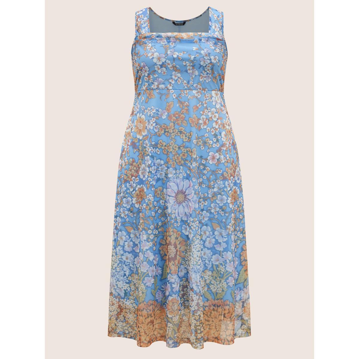 Plus Size Square Neck Floral Mesh Tank Dress Multicolor Women Elegant Gathered Square Neck Sleeveless Curvy BloomChic 14-16/1X Product Image