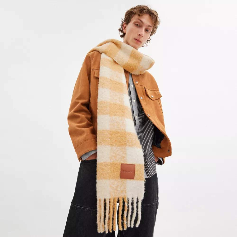 Oversized Plaid Muffler With Leather Patch Product Image