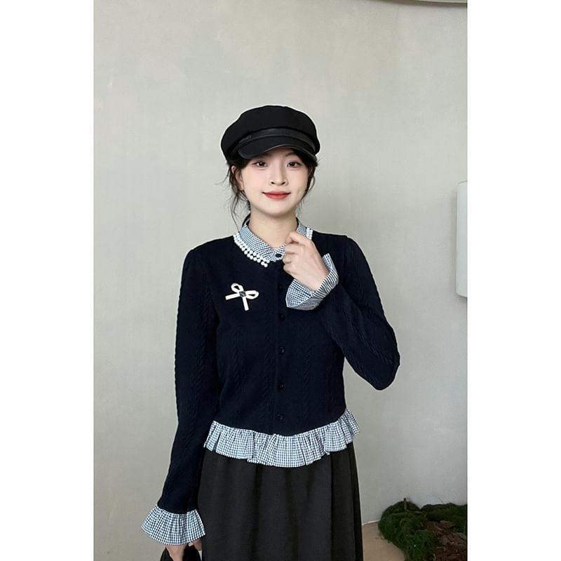 Stand Collar Mock Two-Piece Gingham Panel Bow Accent Button-Up Crop Cardigan Product Image