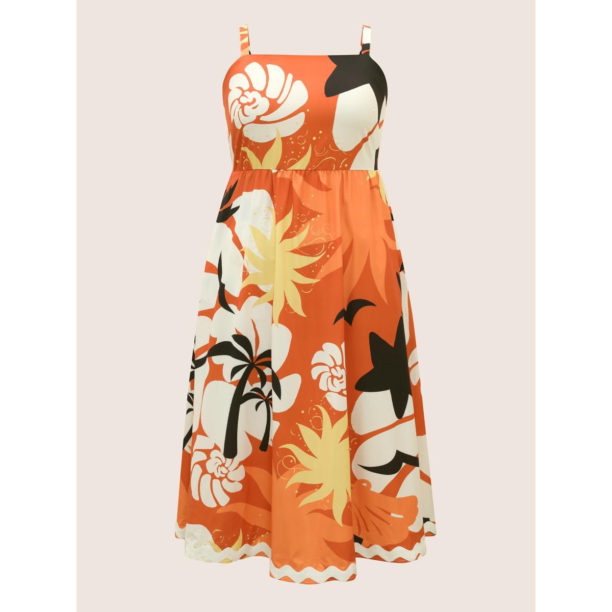 Plus Size Tropical Print Square Neck Maxi Dress Brightorange Women Resort Non Square Neck Sleeveless Curvy BloomChic 22-24/3X Product Image