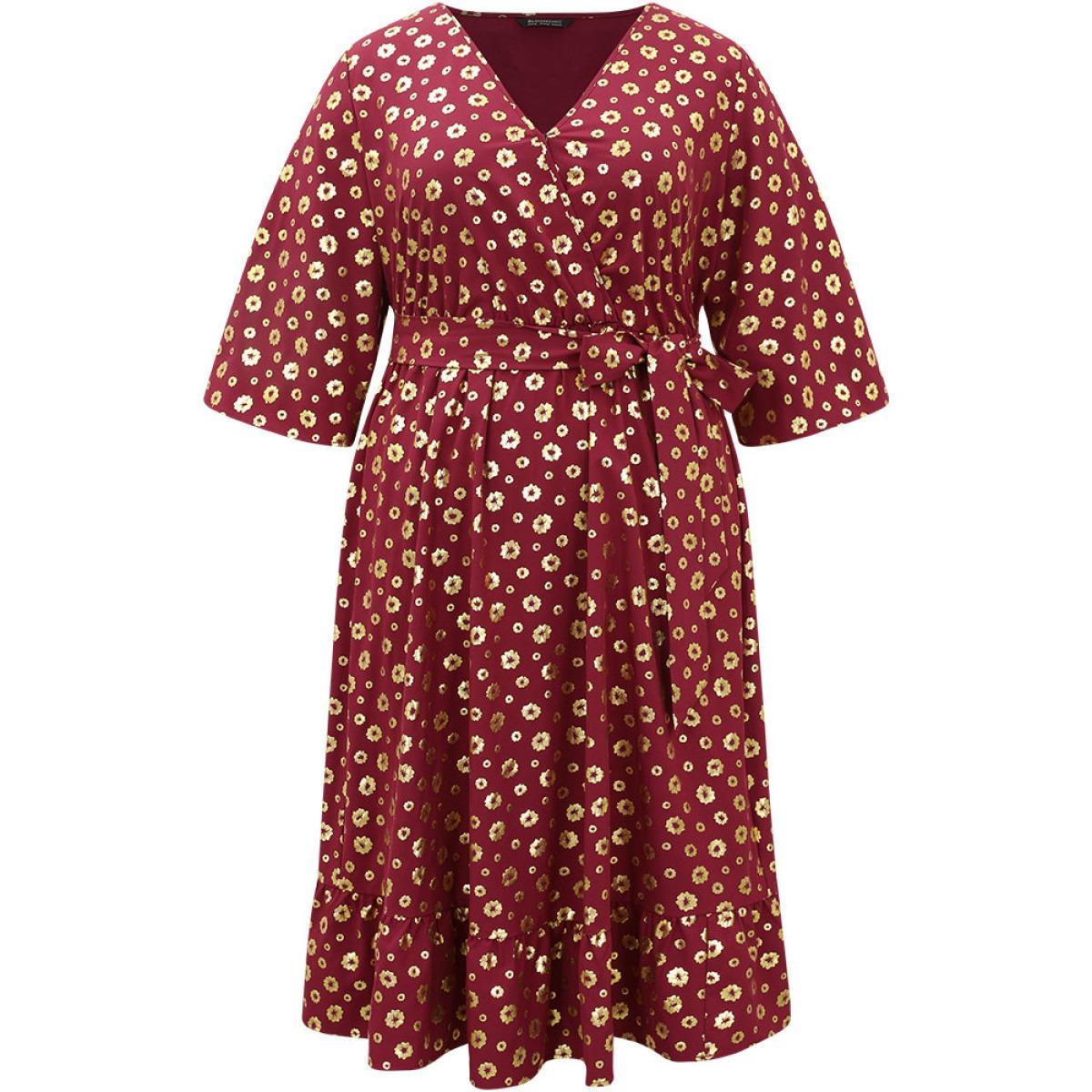 Plus Size Colorblock Glitter Bowknot Belted Pocket Dress Scarlet Women Party Wrap Overlap Collar Elbow-length sleeve Curvy Midi Dress BloomChic 28/5X Product Image
