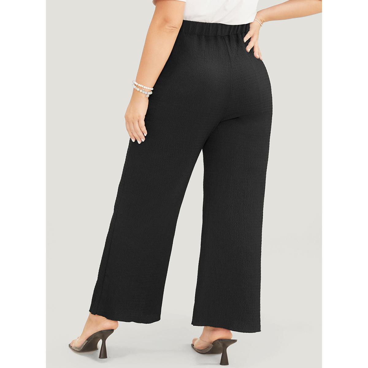 Plus Size Solid Textured Elastic Waist Pocket Bootcut Pants Women Black Casual Mid Rise Dailywear Pants BloomChic 10/M Product Image