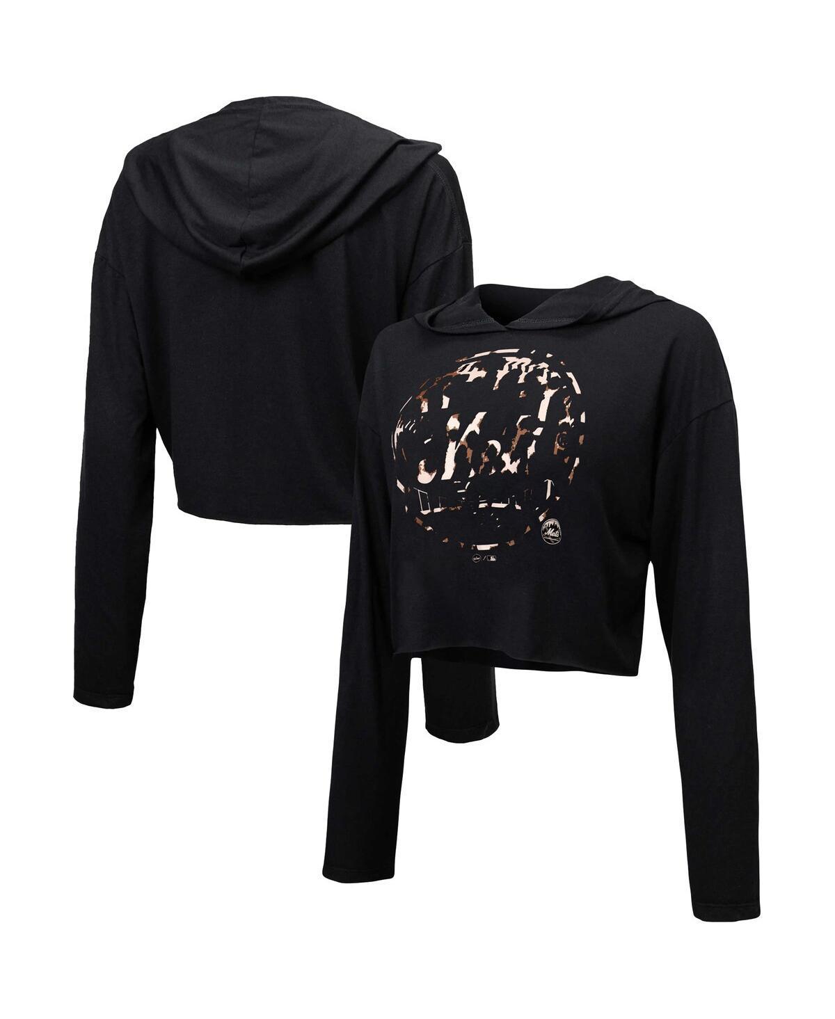 Women's Majestic Threads Black New York Mets Leopard Cropped Hoodie, Size: Large Product Image