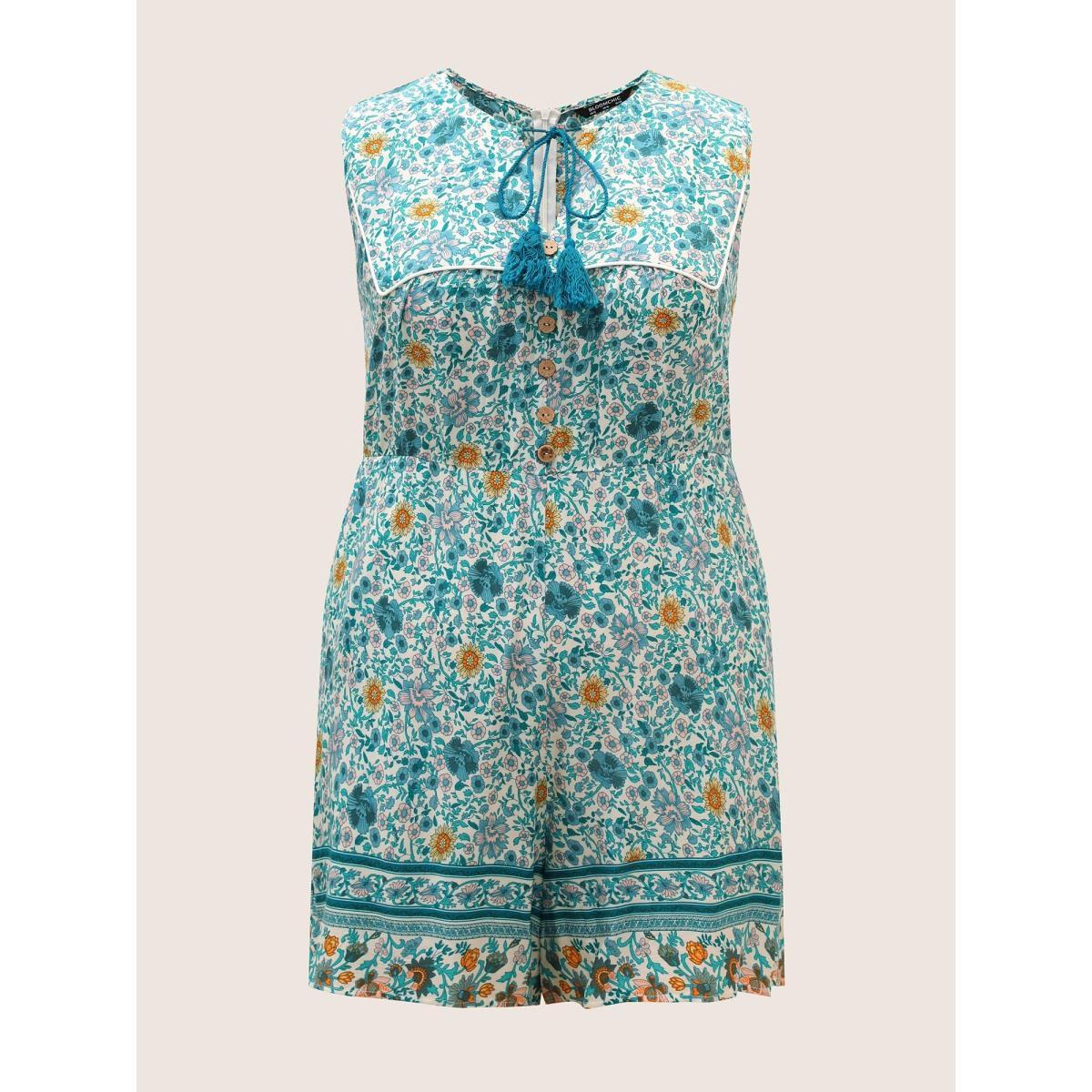 Plus Size Teal Ditsy Floral Button Detail Ties Tassel Trim Jumpsuit Women Resort Sleeveless V-neck Vacation Loose Jumpsuits BloomChic 14-16/1X Product Image