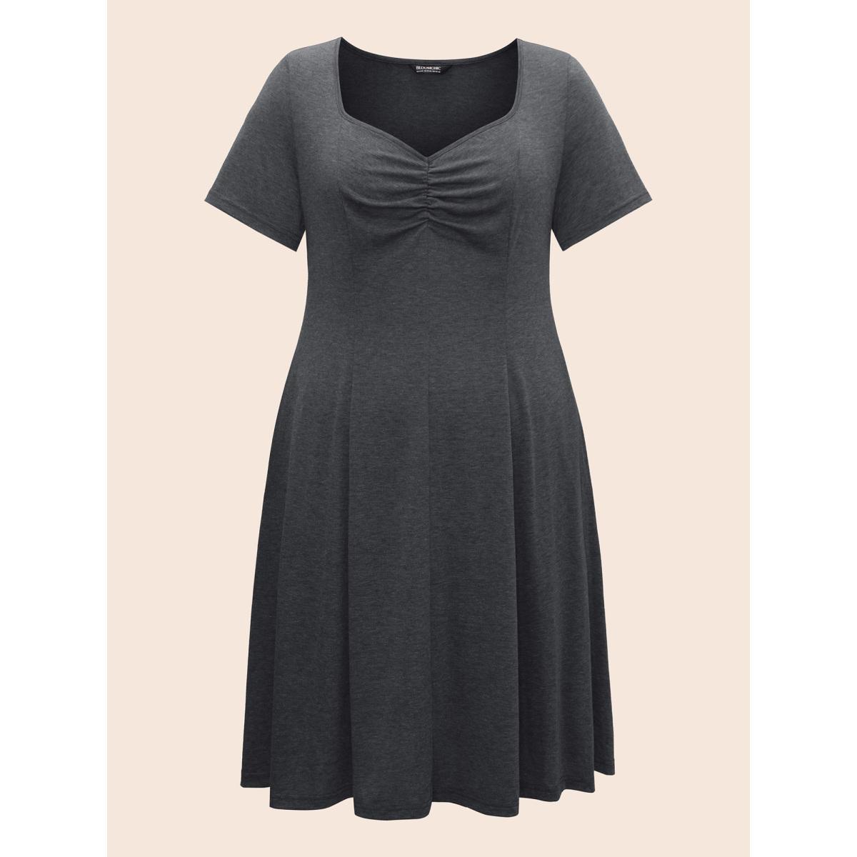 Plus Size Solid Heart Neckline Ruched Dress DarkSlateGray Women Casual Gathered Heart neckline Short sleeve Curvy BloomChic 28/5X Product Image