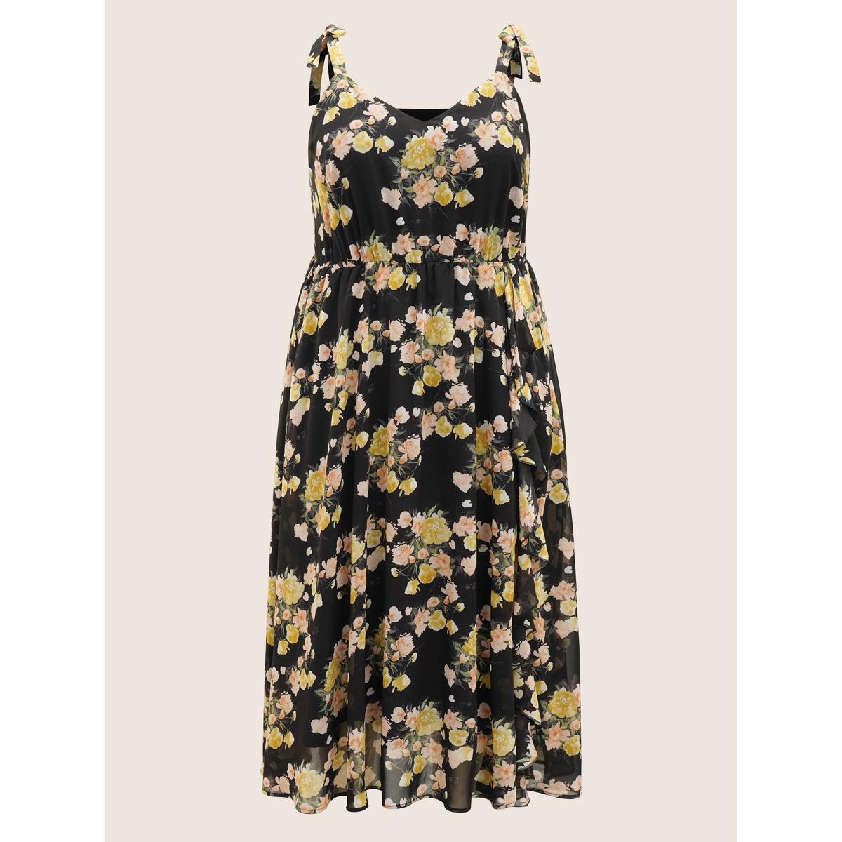 Plus Size Floral Tie Knot Elastic Waist Dress Black Women Formal Tie knot V-neck Sleeveless Curvy BloomChic 10/M Product Image
