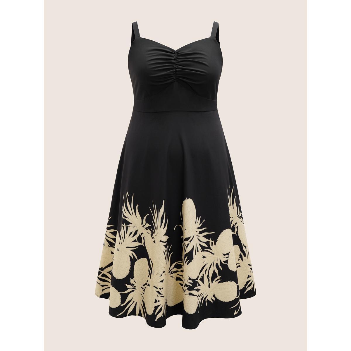 Plus Size Floral Print Ruched Pocket Cami Dress Black Women Resort Non V-neck Sleeveless Curvy Midi Dress BloomChic 22-24/3X Product Image