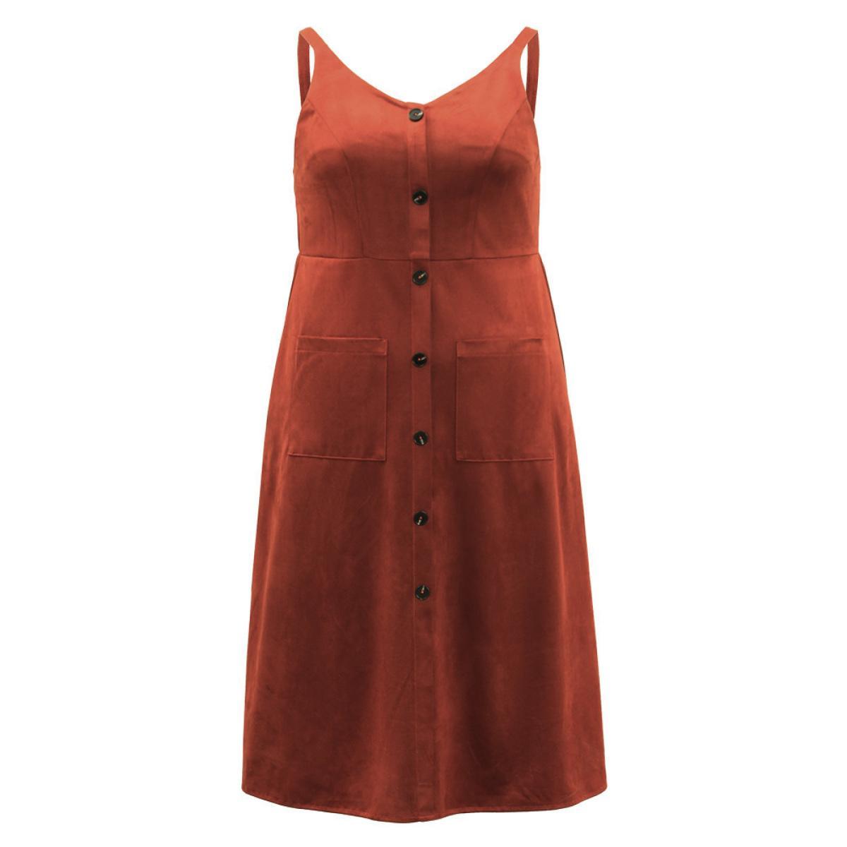 Plus Size Faux Suede Button Detail Patched Pocket Cami Dress Rust Women Elegant Adjustable Straps Spaghetti Strap Sleeveless Curvy Midi Dress BloomChic 10/M Product Image