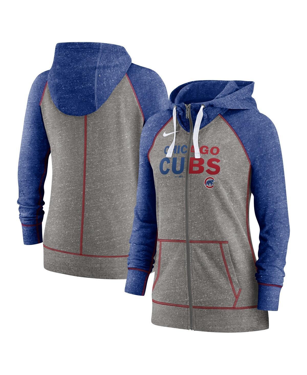 Women's Nike Heathered Charcoal/Royal Chicago Cubs Split Wordmark Gym Vintage Raglan Full-Zip Hoodie, Size: Medium Product Image