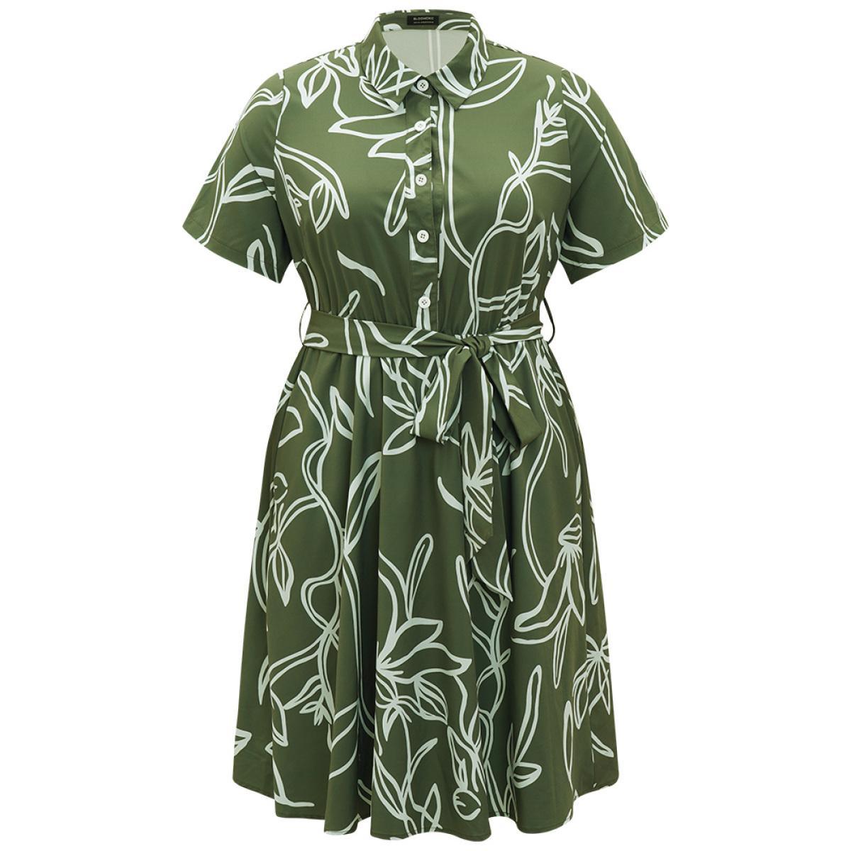 Plus Size Graphic Print Belted Shirt Collar Button Up Dress Sage Women Office Belted Shirt collar Short sleeve Curvy Midi Dress BloomChic 26/4X Product Image