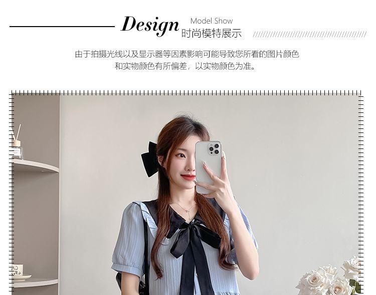 Maternity Short Sleeve Collared Two Tone Bowknot Midi A-Line Dress Product Image