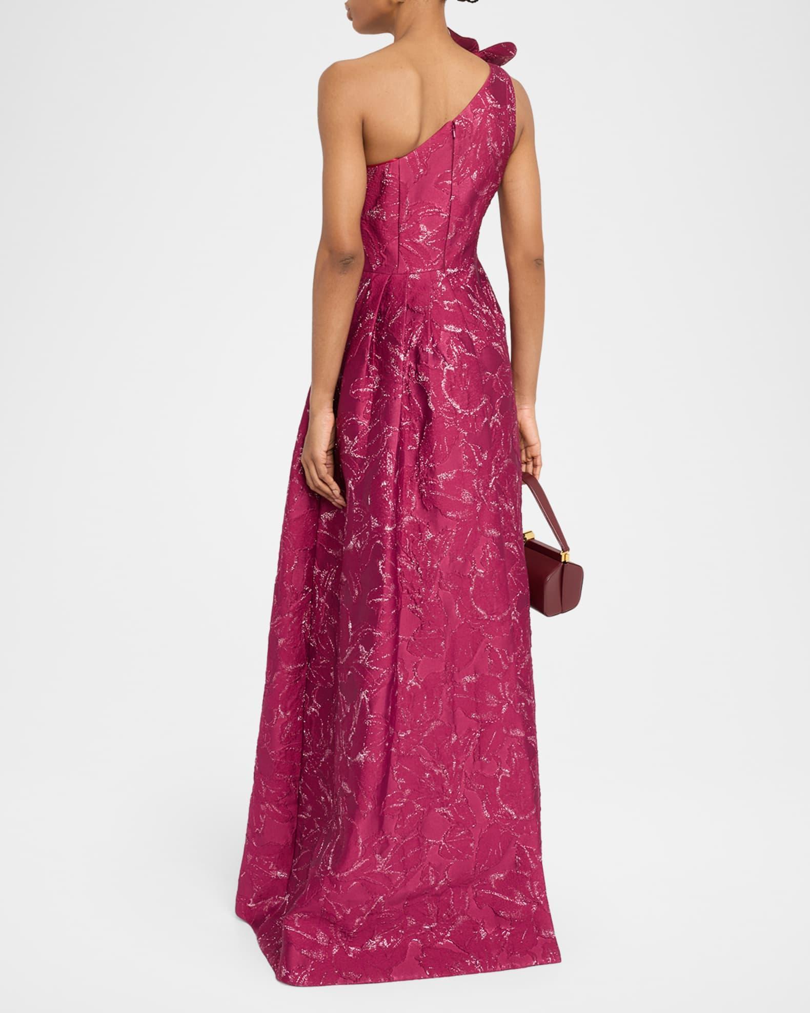 Draped One-Shoulder Floral Jacquard Gown Product Image