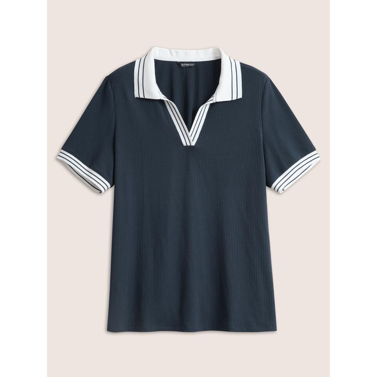 Plus Size Striped Patchwork Polo Neck Rib Knit T-shirt Indigo Women Casual Contrast Plain Polo Everyday T-shirts BloomChic 30/6X Product Image