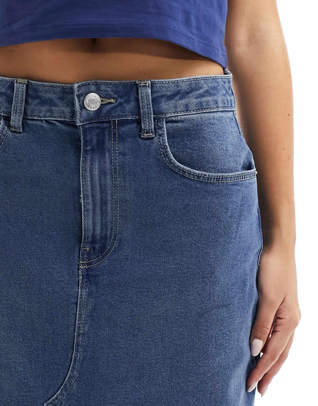 Noisy May front split denim maxi skirt in mid wash blue  Product Image