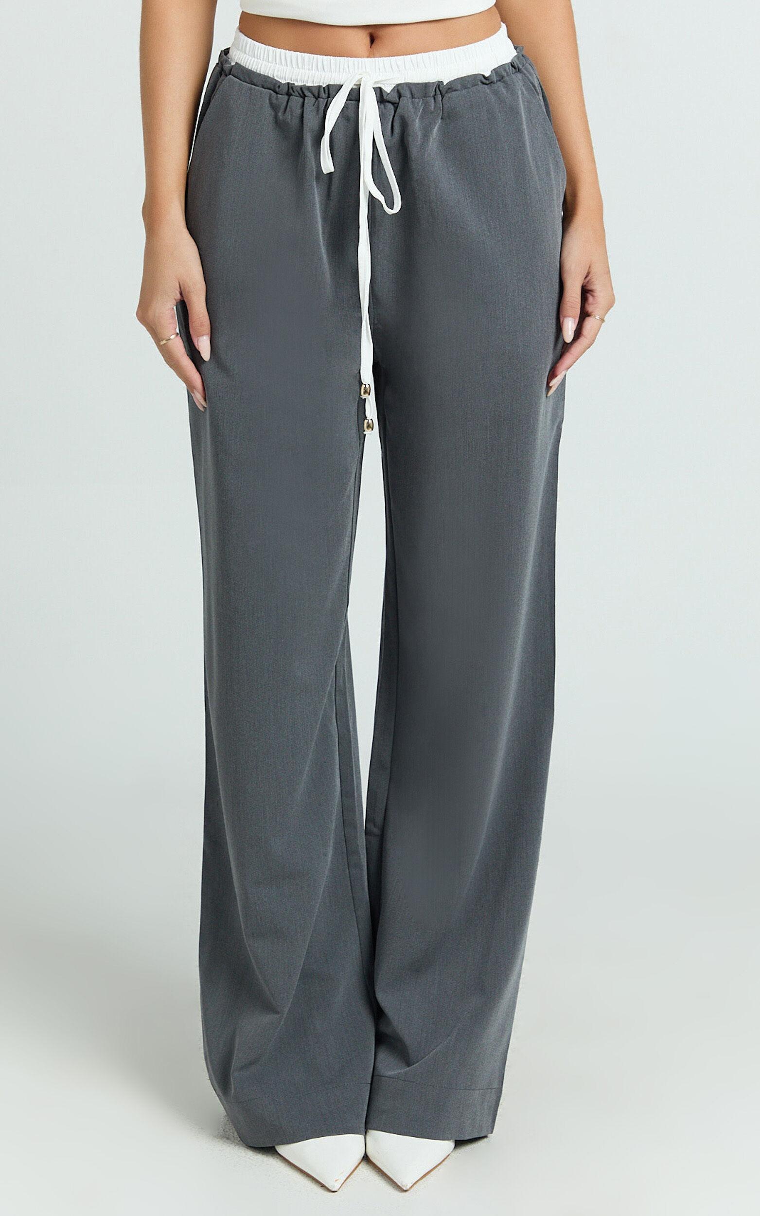 Maliha Pants - Mid Rise Contrast Elasticated Drawstring Wide Leg Tailored Pants in Charcoal Product Image
