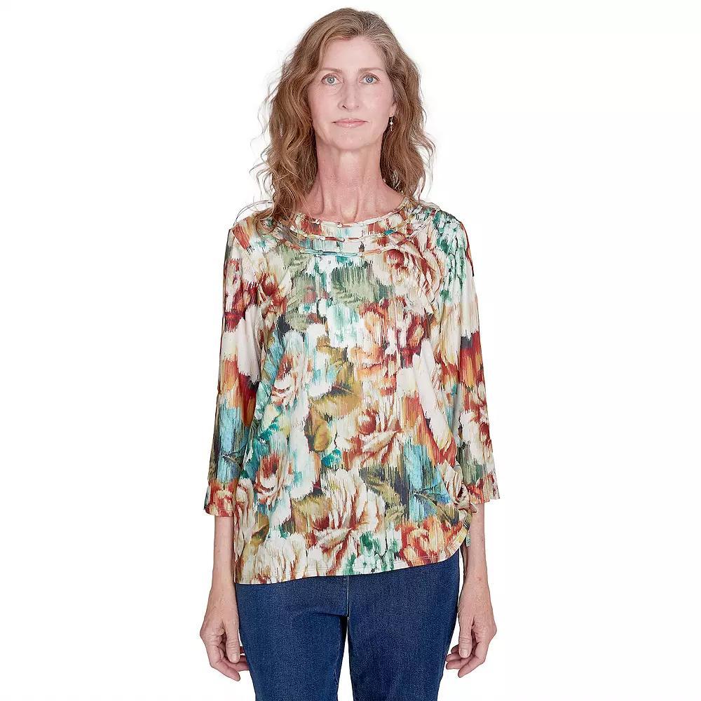 Petite Alfred Dunner Earth Floral Crewneck Top, Women's, Size: Small Petite, Mult Orange Product Image