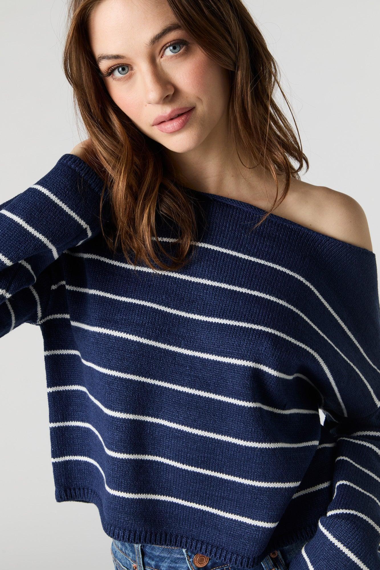 Knit Off Shoulder Striped Sweater Female Product Image