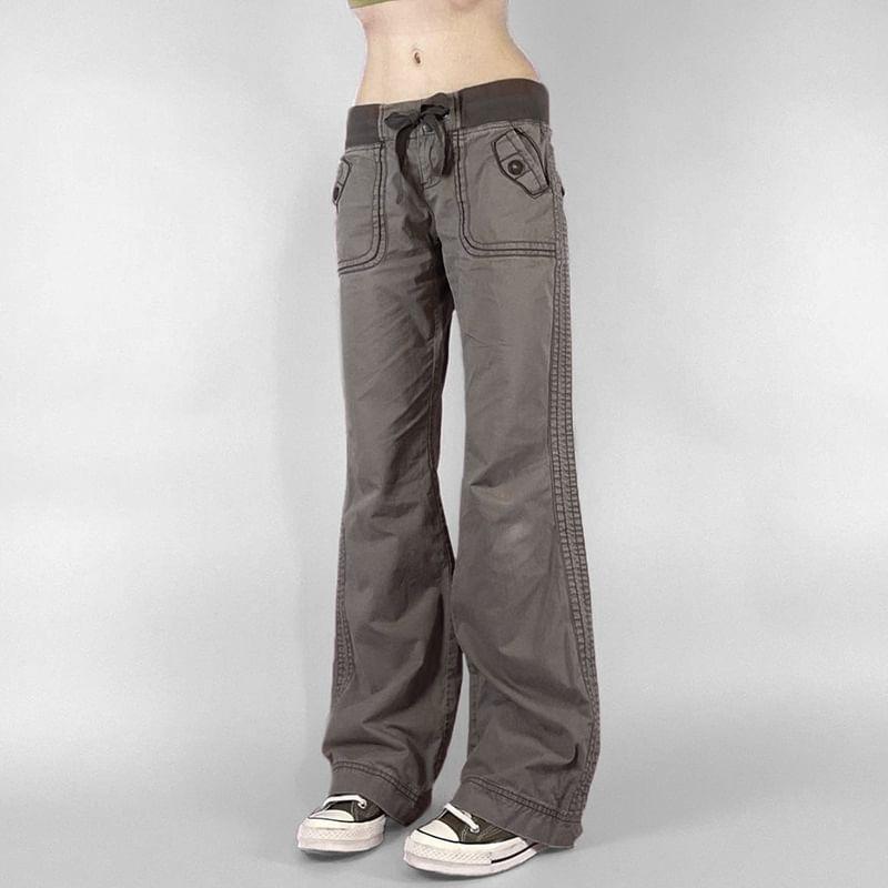 Low Waist Drawstring Plain Straight-Fit Wide Leg Jeans Product Image