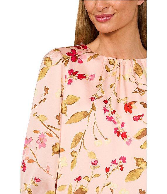 CeCe Charmeuse Floral Print Crew Neck Smocked Cuff Long Sleeve Blouse Product Image