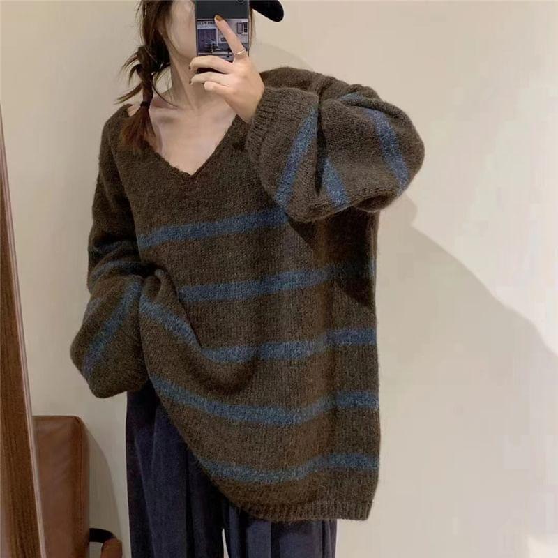 V-Neck Striped Sweater Product Image