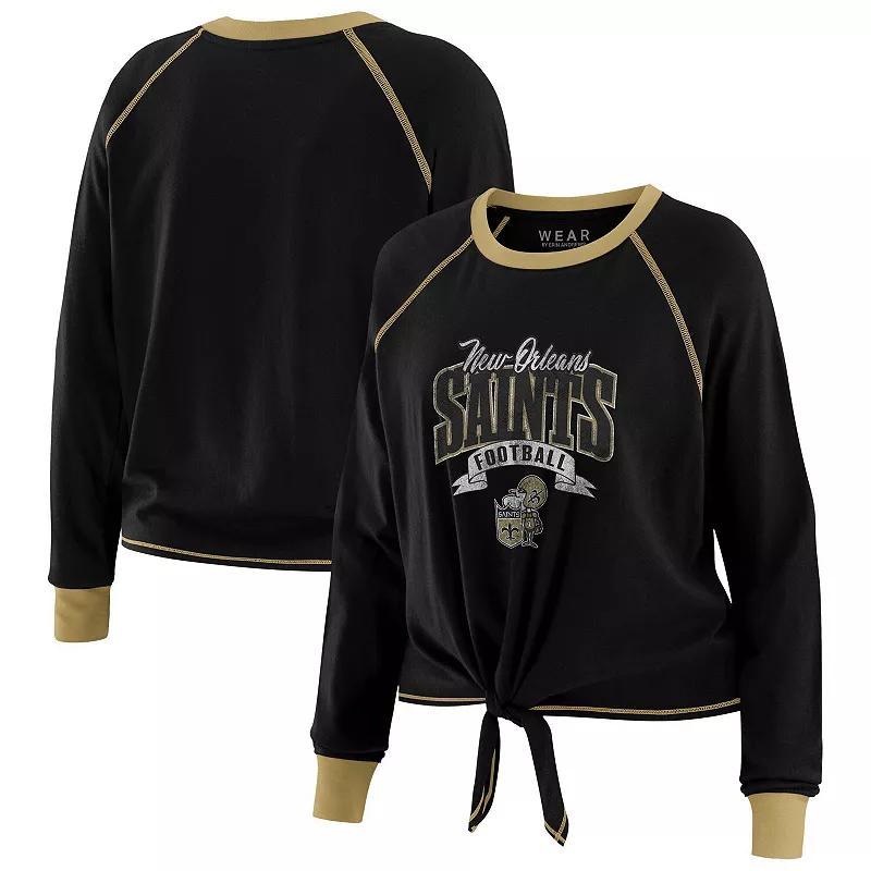 Women's WEAR by Erin Andrews Black New Orleans Saints Tie-Front Long Sleeve T-Shirt, Size: XS Product Image