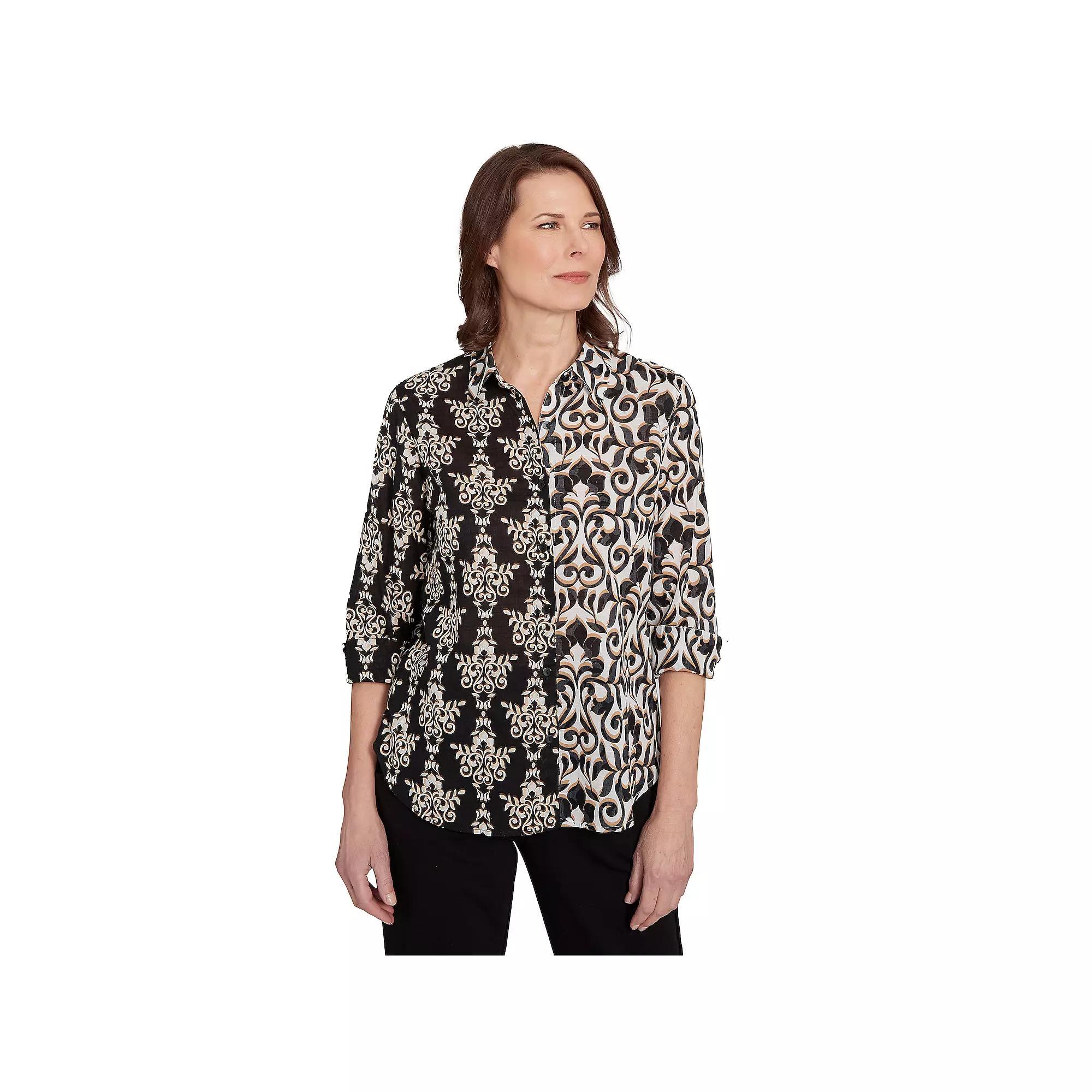 Alfred Dunner Petite Medallion Twin Print Button-Front Top, Women's, Size: Large Petite, Black Team Product Image