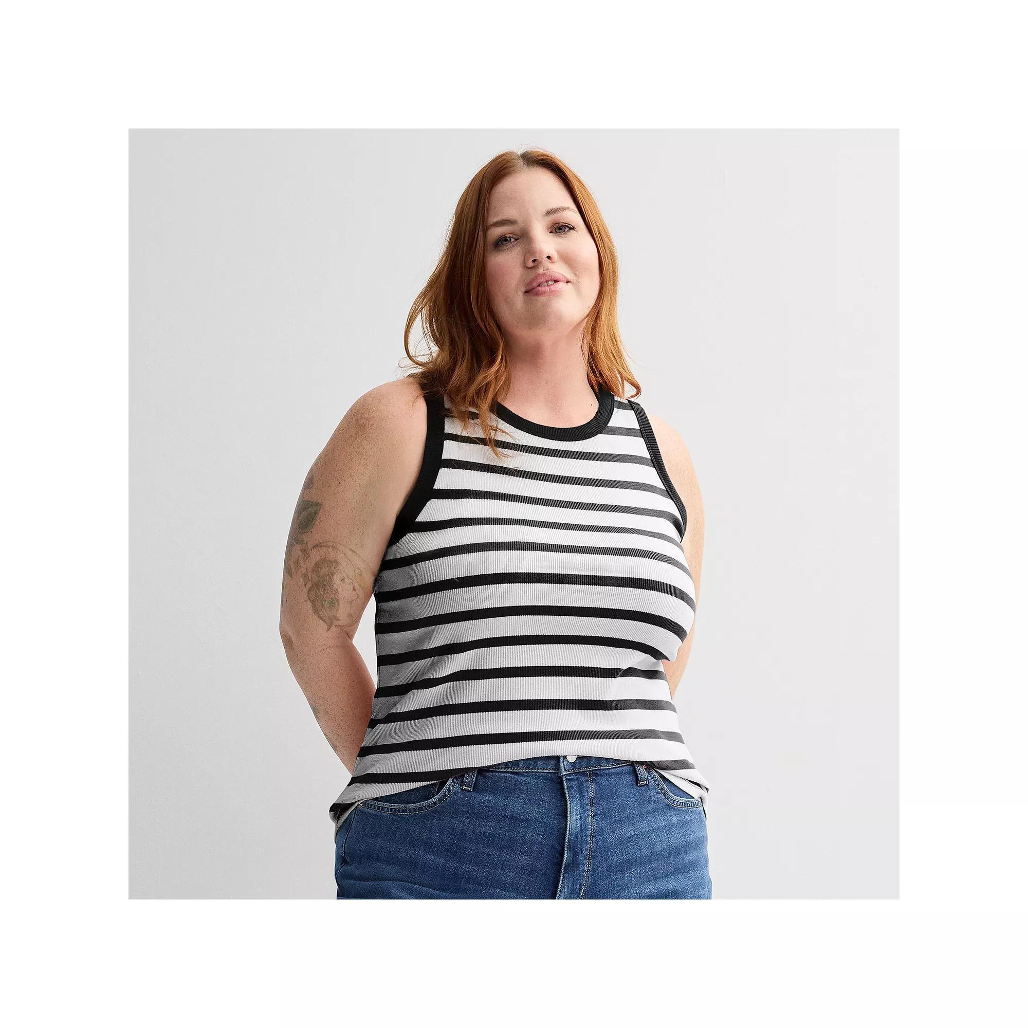Plus Size Sonoma Goods For Life® High Neck Ribbed Layering Tank Top, Women's, Size: 0X, Black Small Stripe Product Image