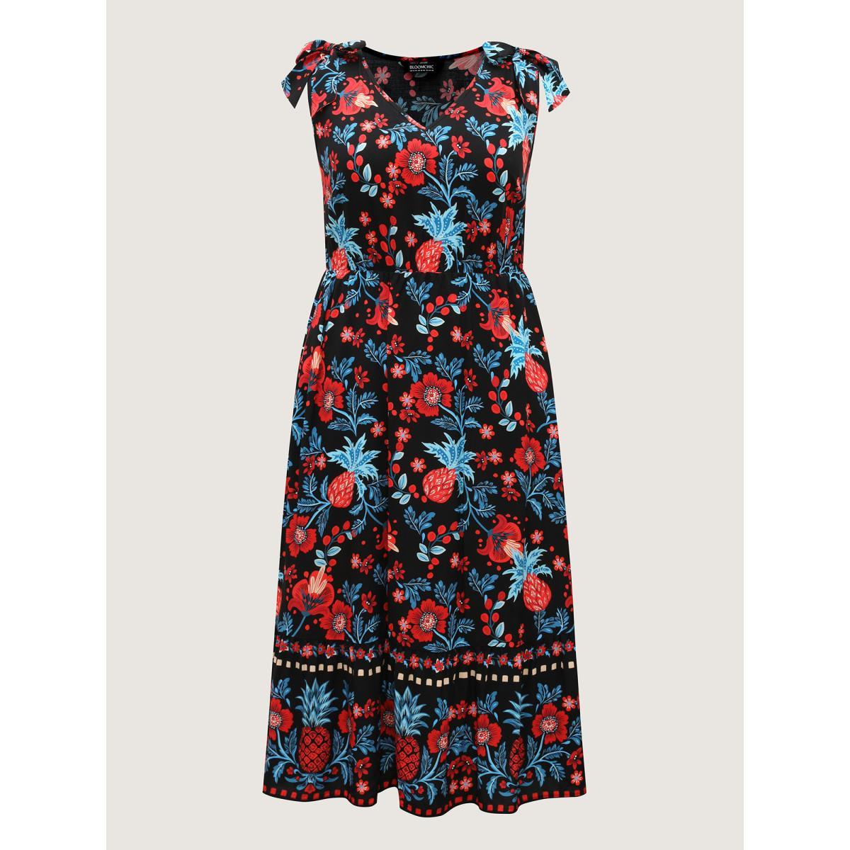 Plus Size Boho Print Shoulder Tie Midi Dress Multicolor Women Gathered V-neck Sleeveless Curvy BloomChic 28/5X Product Image