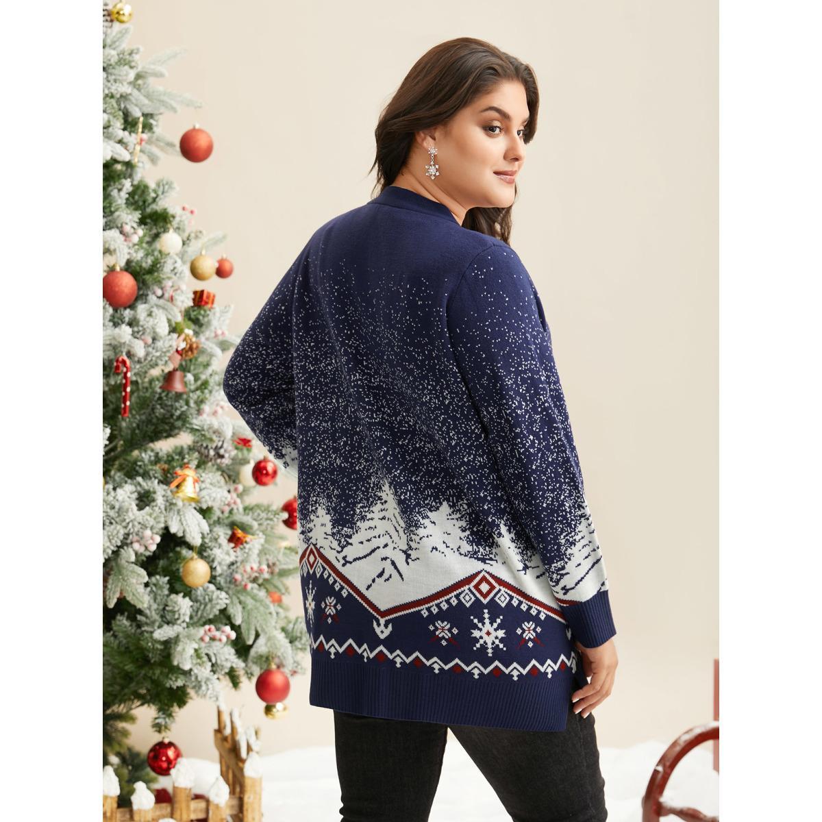 Plus Size Snowy Trees Print V-neck Open Cardigan Indigo Women Casual Loose Long Sleeve Everyday Cardigans BloomChic 26/4X Product Image