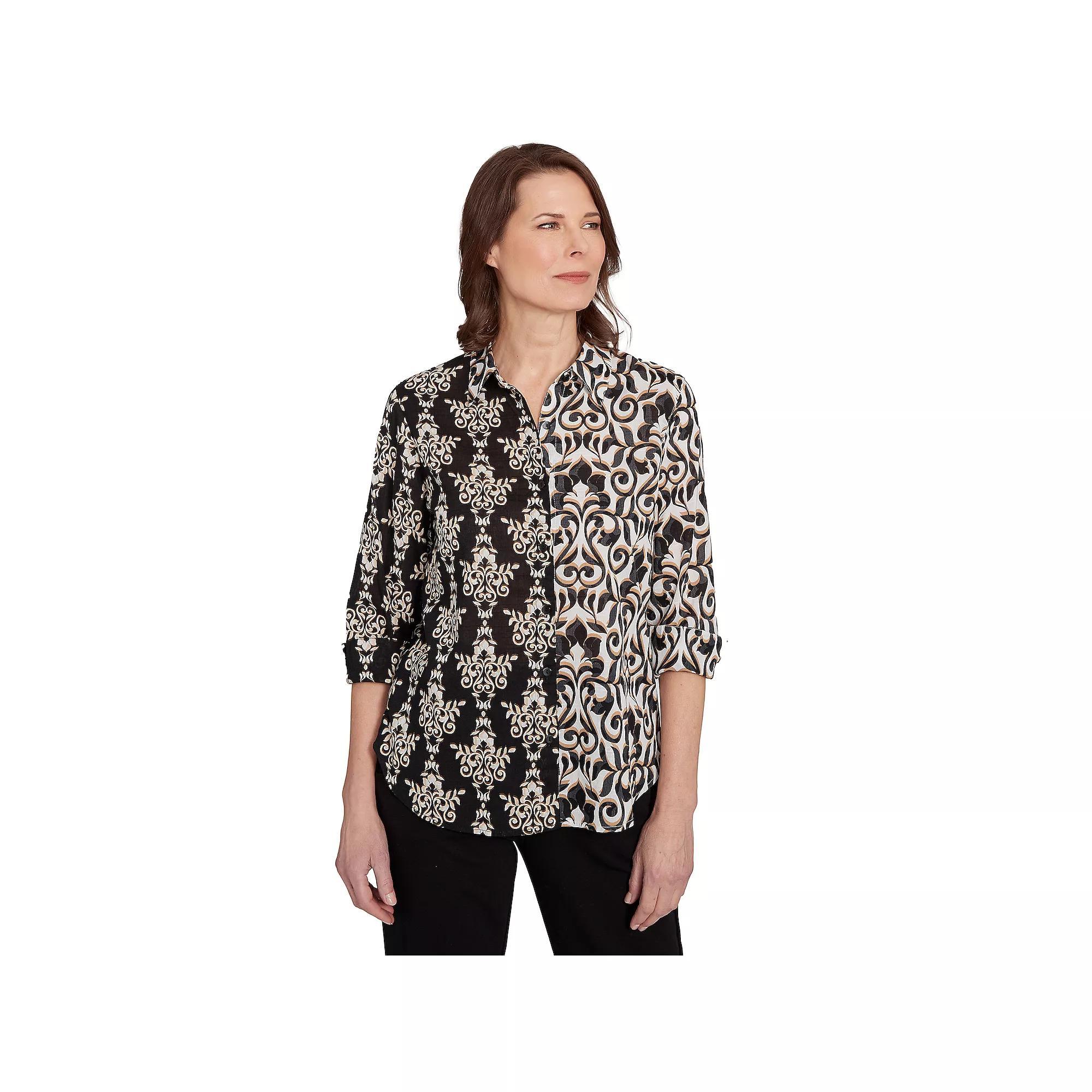 Alfred Dunner Petite Medallion Twin Print Button-Front Top, Women's, Size: Large Petite, Black Team Product Image