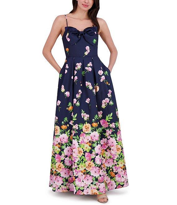 Eliza J Mikado Floral Print Sweetheart Neck Sleeveless Bow A-Line Gown Product Image