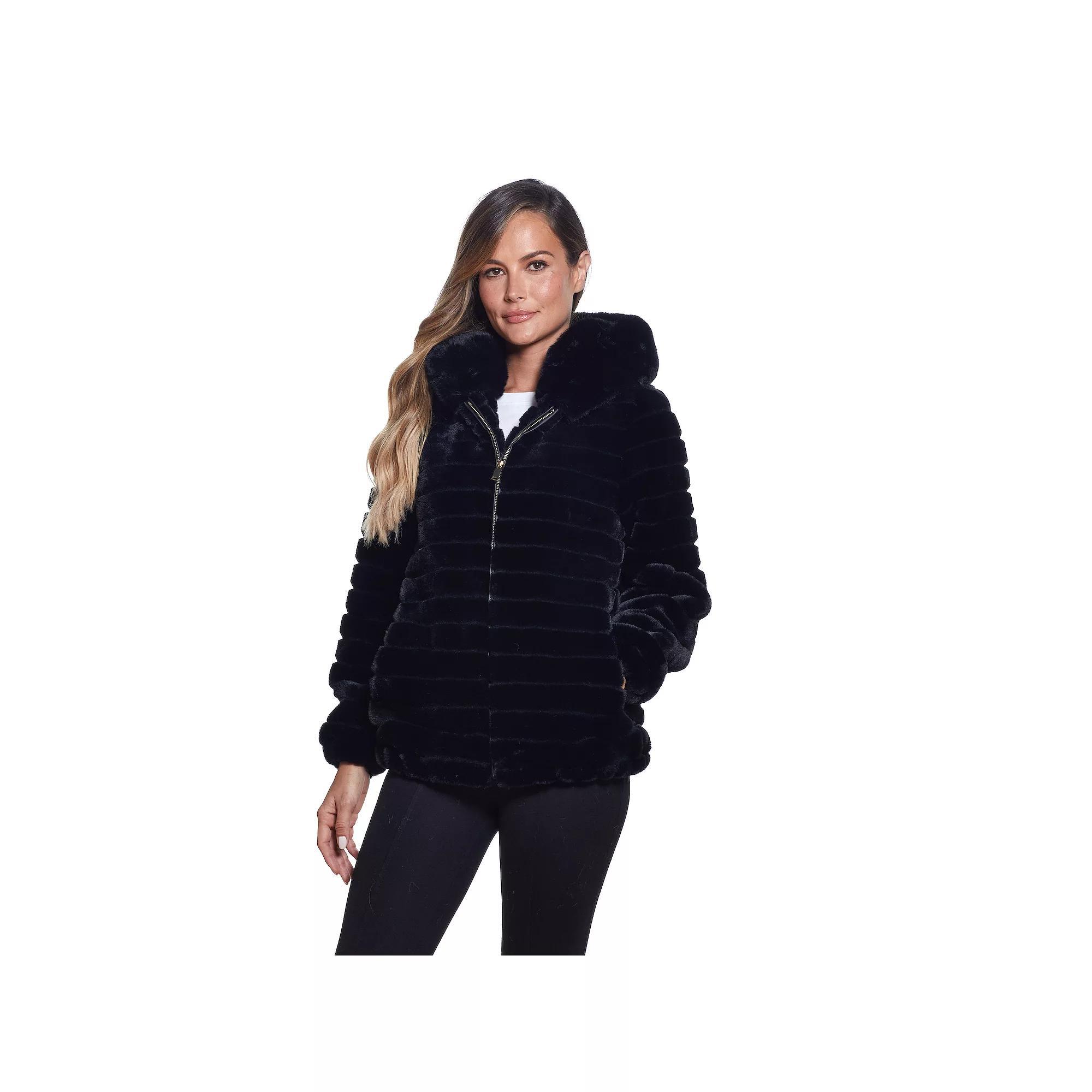 Women's Gallery Hooded Grooved Faux-Fur Jacket, Size: Small, Black Product Image